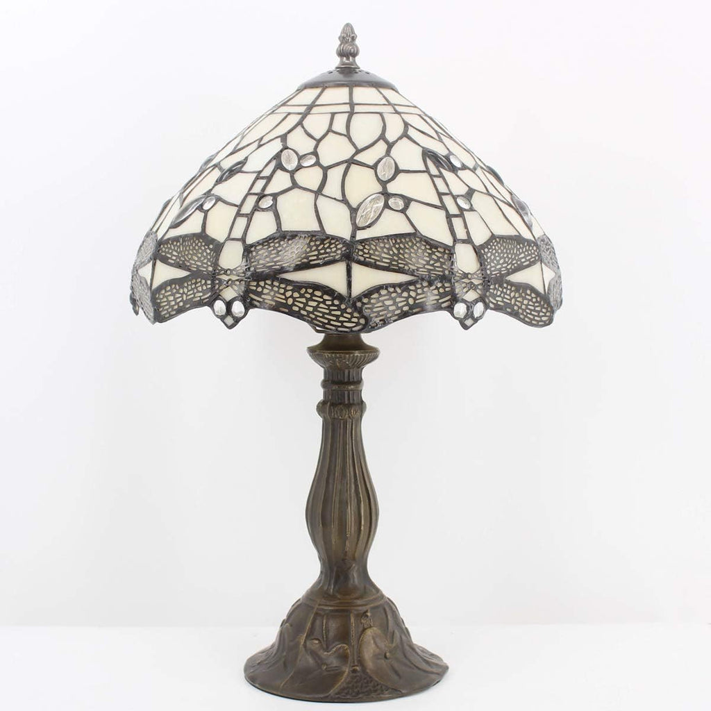 WERFACTORY Tiffany Lamp Cream Stained Glass Dragonfly Bedside Table Lamp Desk Reading Light 12X12X18 Inches Decor Bedroom Living Room Home Office S139 Series