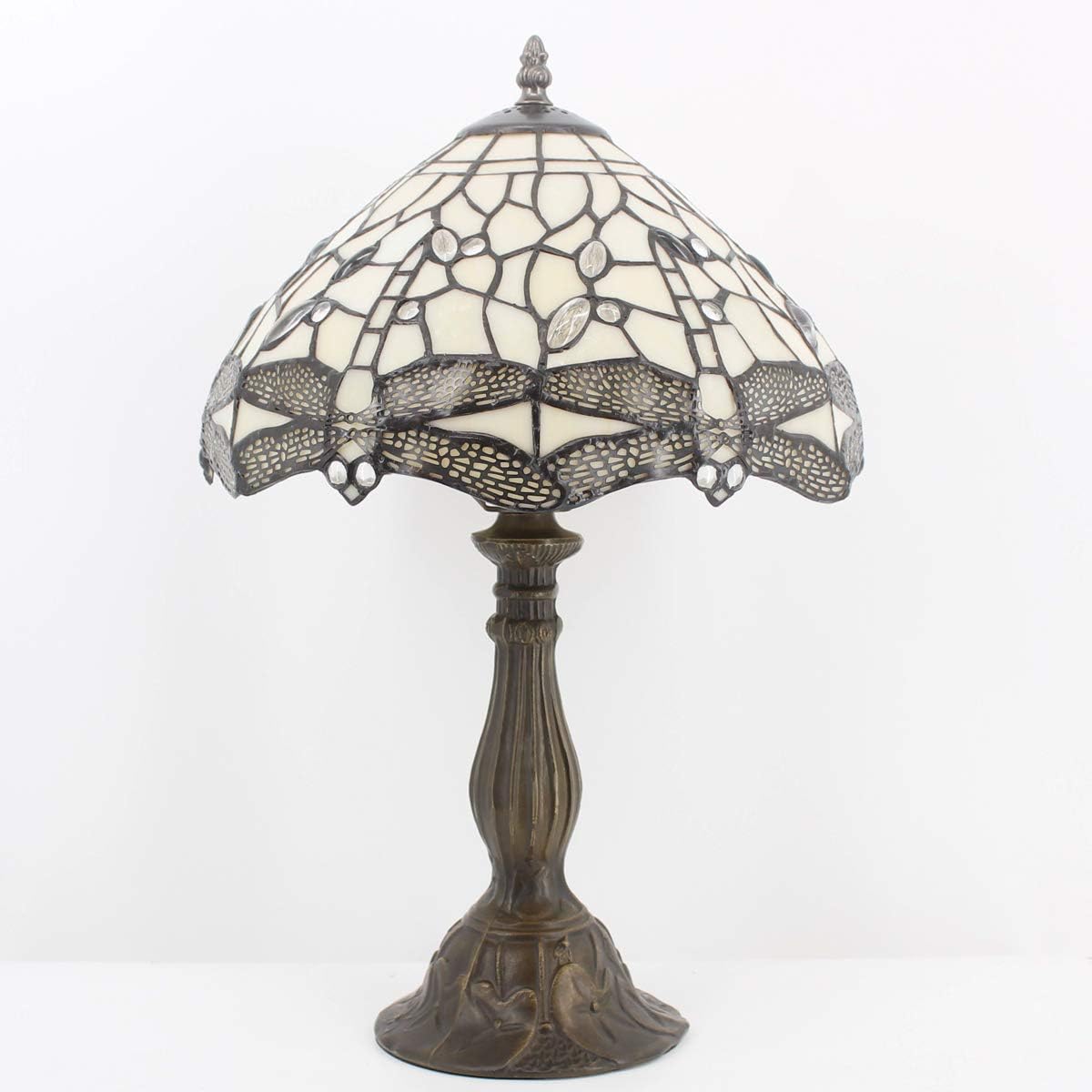 WERFACTORY Tiffany Lamp Cream Stained Glass Dragonfly Bedside Table Lamp Desk Reading Light 12X12X18 Inches Decor Bedroom Living Room Home Office S139 Series