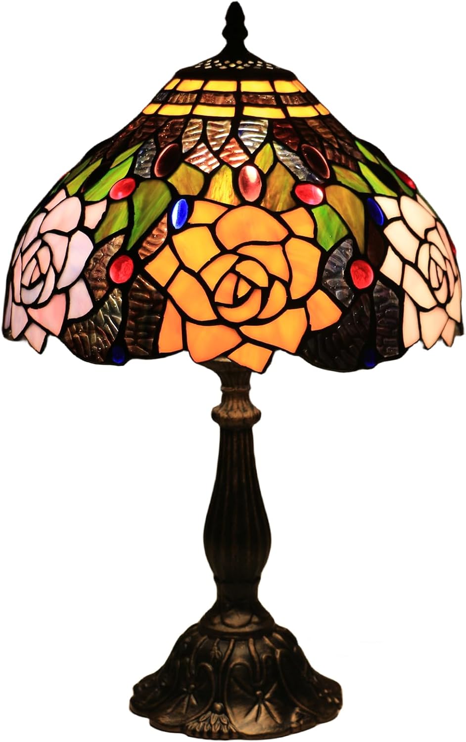 Tiffany Style Table Lamp, 12 Inch Stained Glass Lamp, Antique Table Lamp, Bedside Lamp, for Nightstand Bedroom Living Room Home Office, Rose Flower Pattern, Include LED Bulb