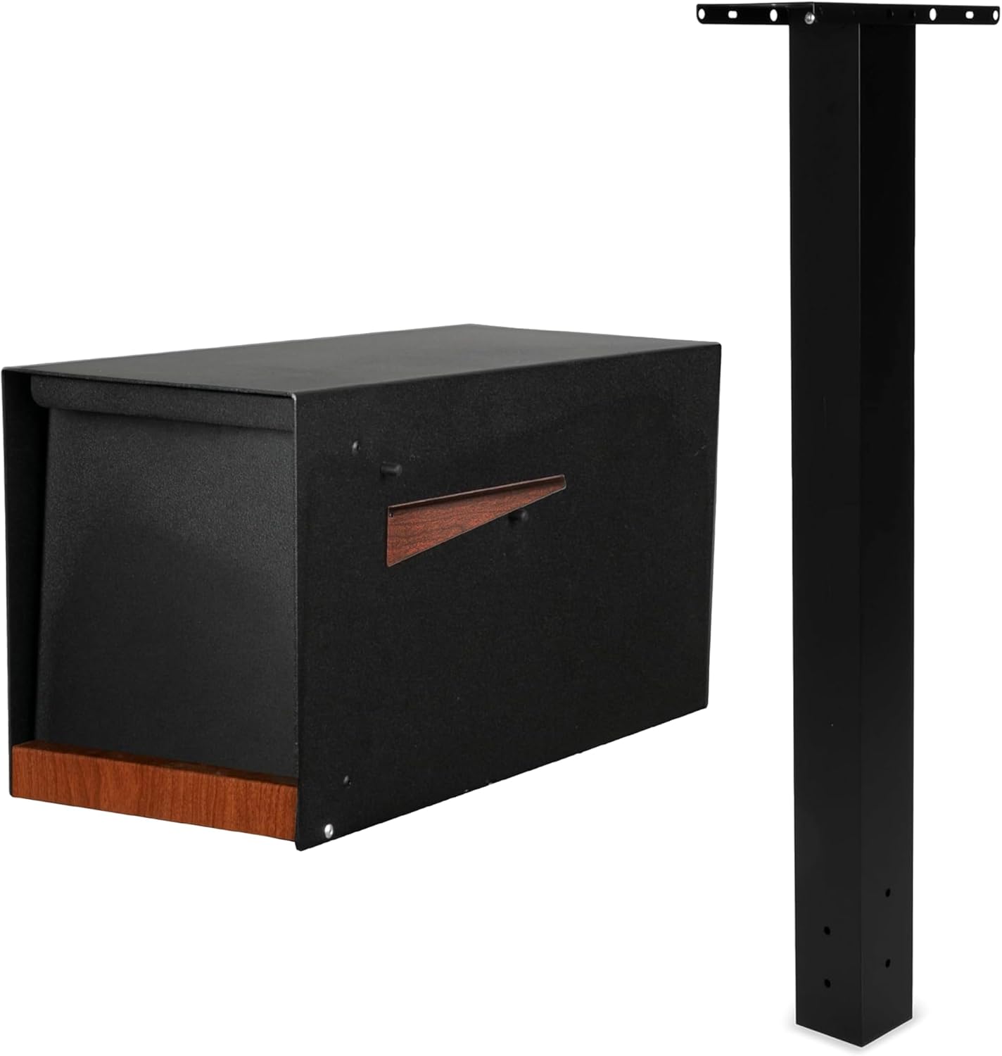 Ilyapa Modern Black Post Mount Mailbox with Redwood Trim & Magnetic Door, Waterproof for Parcels + Heavy-Duty 43' Metal Mailbox Post with Universal Mounting Plates for Curbside Residential Use