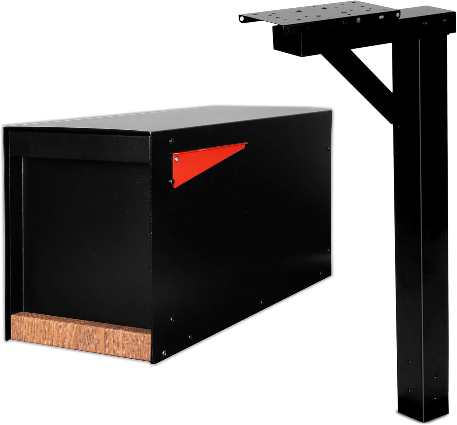 Ilyapa Black Modern Mailbox Post Mount & 43' Metal Sleeve: All-Weather Steel with Wood Trim & Universal Mounting for Outside Curbside Mail & Package Delivery.