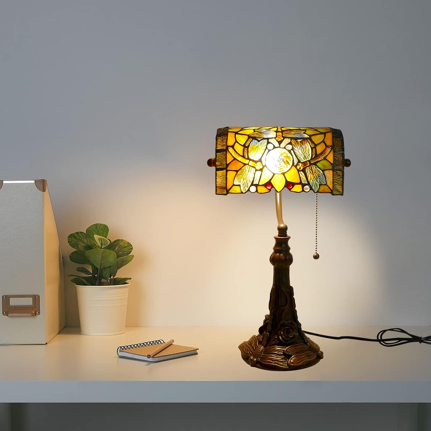 Rose Flower Dragonfly Bankers Lamp Antique Desk Lamps Stained Glass Banker Table Lamp with Pull Chain, Vintage Desk Lamp for Home Office, with Color Changing LED Bulb