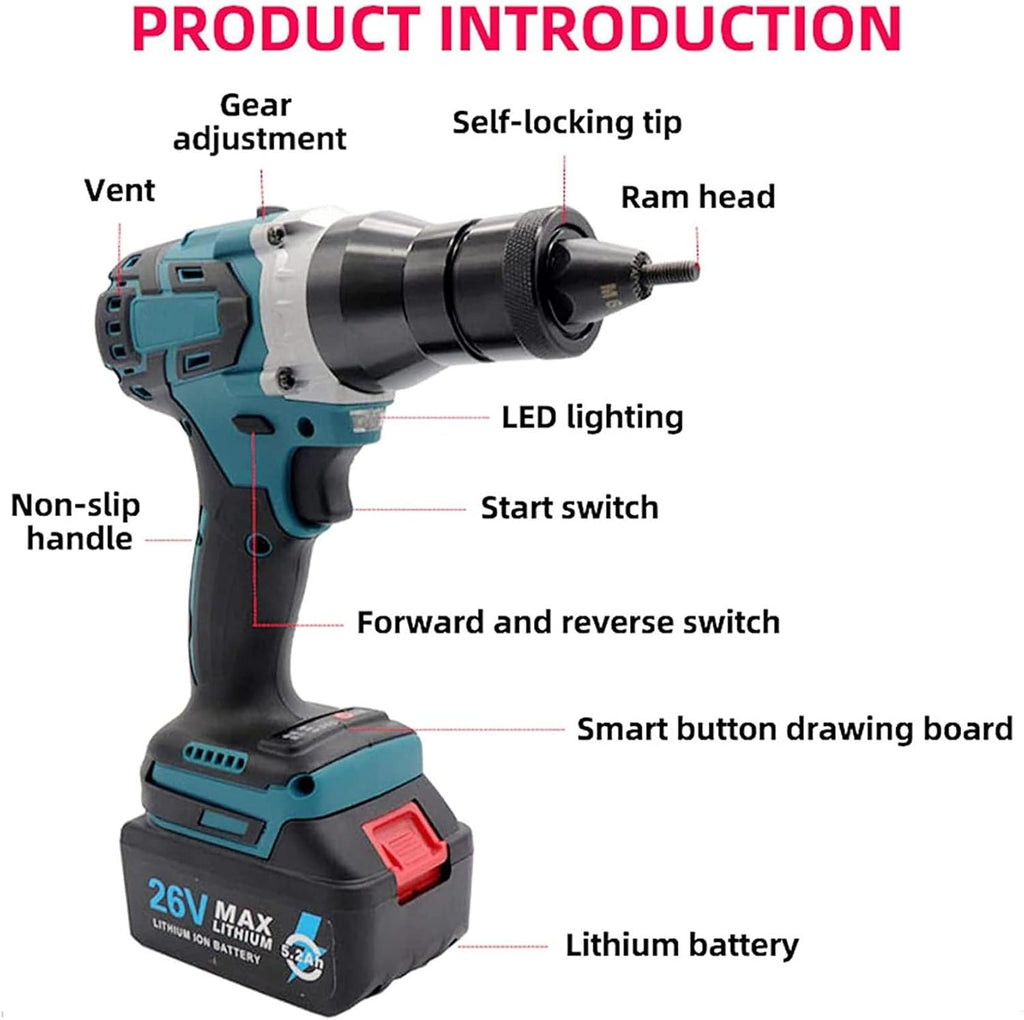 Automatic Electric Riveter Gun, Cordless Rivet Gun,Heavy Duty Electric Automatic Rivet Nut Guns, Rivet Guns Tool Kit with Battery, Charger and Carrying Case for Rivets, Rivet Nuts,2200Mah (