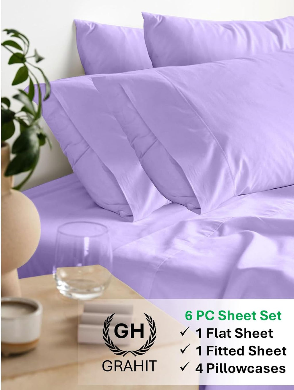 100% Egyptian Long Staple Cotton Bedsheet Set, 800 Thread Count, 6-PC Sheets Set, Lilac Color, Queen Size, 15 Inch Deep Pocket of Fitted Sheet, Soft Sateen Weave Breathable