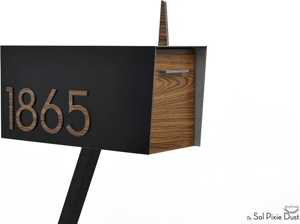 Contemporary Post-Mount Mailbox - Aluminum Black Body with Aluminum Door, Numbers and Flag - Large Customized Mailbox - Type 4 (Walnut Wood)