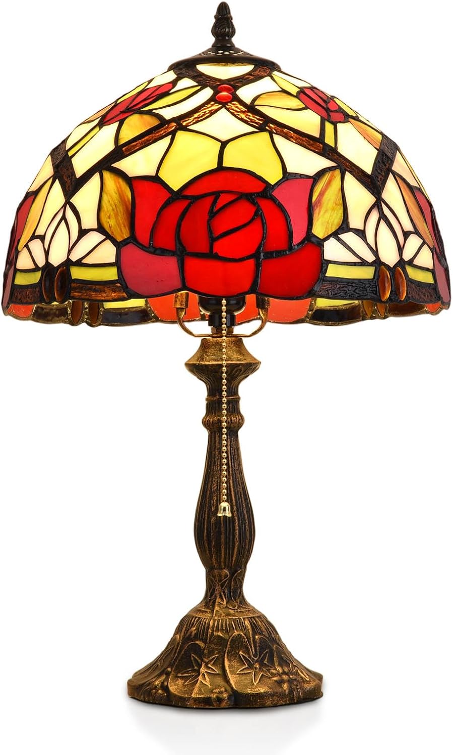 Tiffany Table Lamp, 12-inch Stained Glass Lamp for Living Room, Dining Room, Bedroom, Study Room, Office (Red Rose)