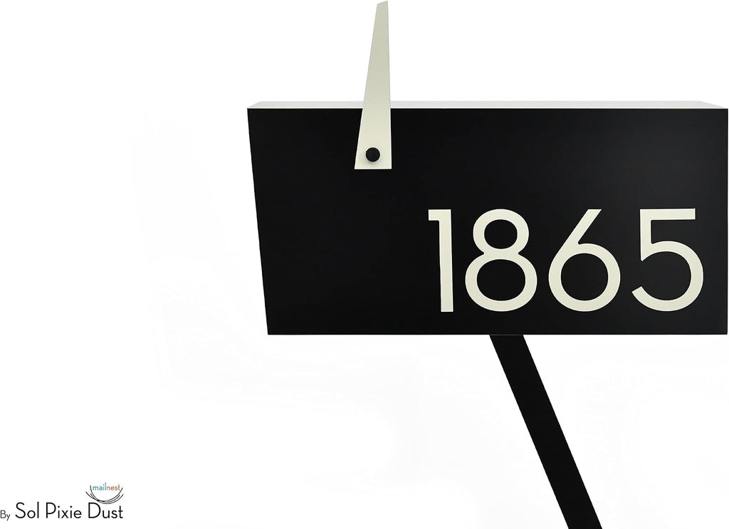 Contemporary Post-Mount Mailbox - Aluminum Black Body with Aluminum Door, Numbers and Flag - Large Customized Mailbox - Type 4 (Ivory White)