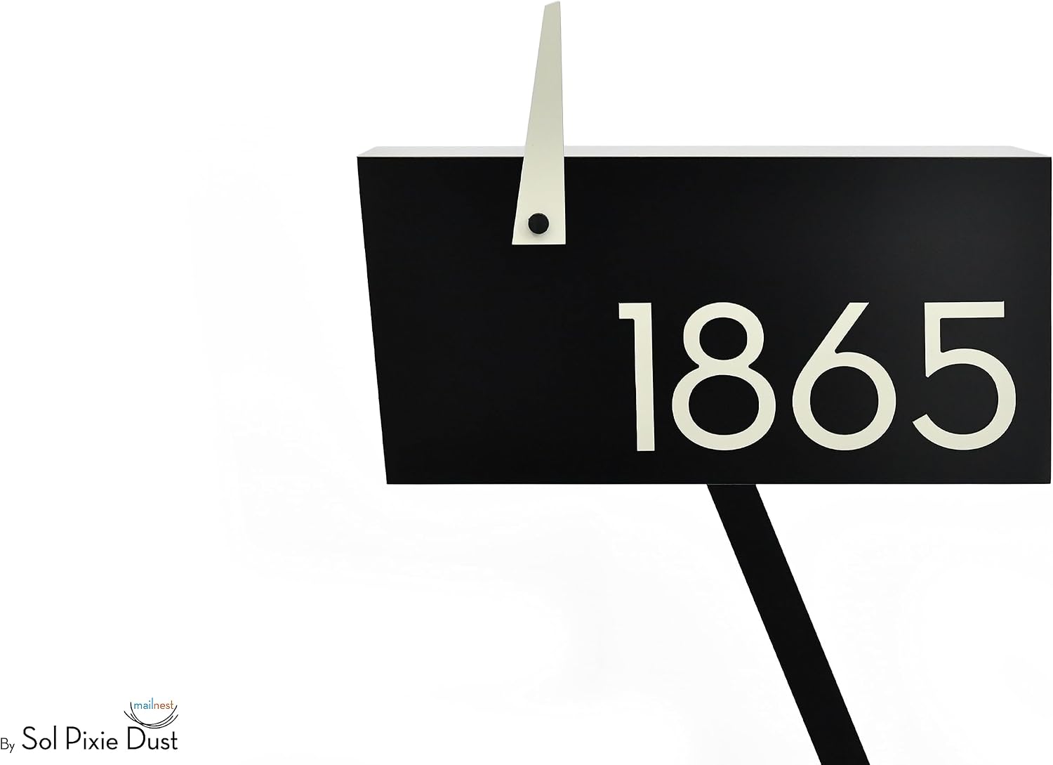 Contemporary Post-Mount Mailbox - Aluminum Black Body with Aluminum Door, Numbers and Flag - Large Customized Mailbox - Type 4 (Ivory White)