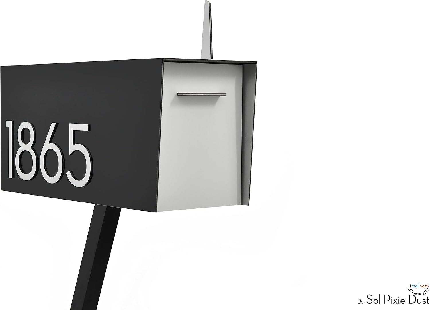 Contemporary Post-Mount Mailbox - Aluminum Black Body with Aluminum Door, Numbers and Flag - Large Customized Mailbox - Type 4 (White)