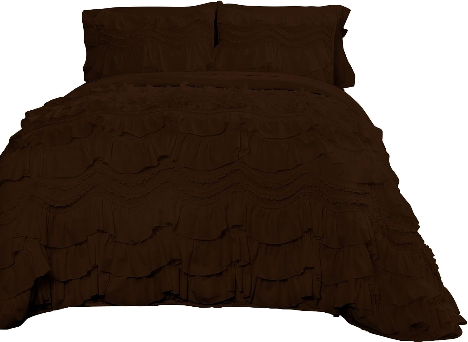100% Egyptian Cotton, 550 GSM Microfiber Filled Quilt Ruffled Textured 3 Piece Full/Queen Size Comforter Set, Chocolate