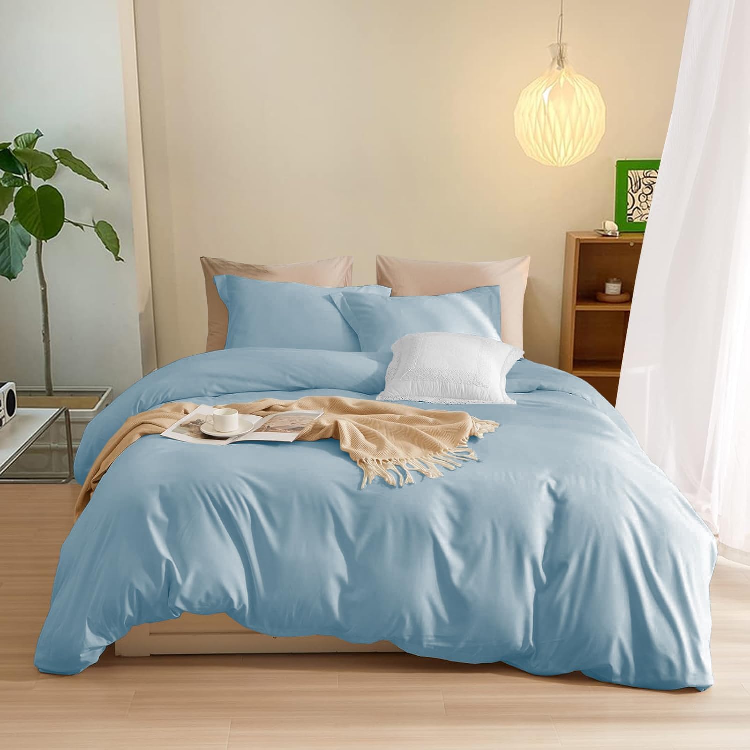 800TC 3 Sided Zipper Duvet Cover Set Soft Egyptian Cotton 3 Sided Zipper Closure, 3 PCS 1-Duvet Cover & 2- Pillow Shams - Oversize Queen Size (98' x 98') Inches, (Solid French Blue)