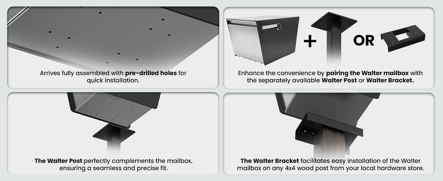 Movo Home Walter Post Mount Mailbox, Modern Curbside Stainless Steel, Large Locking, Black