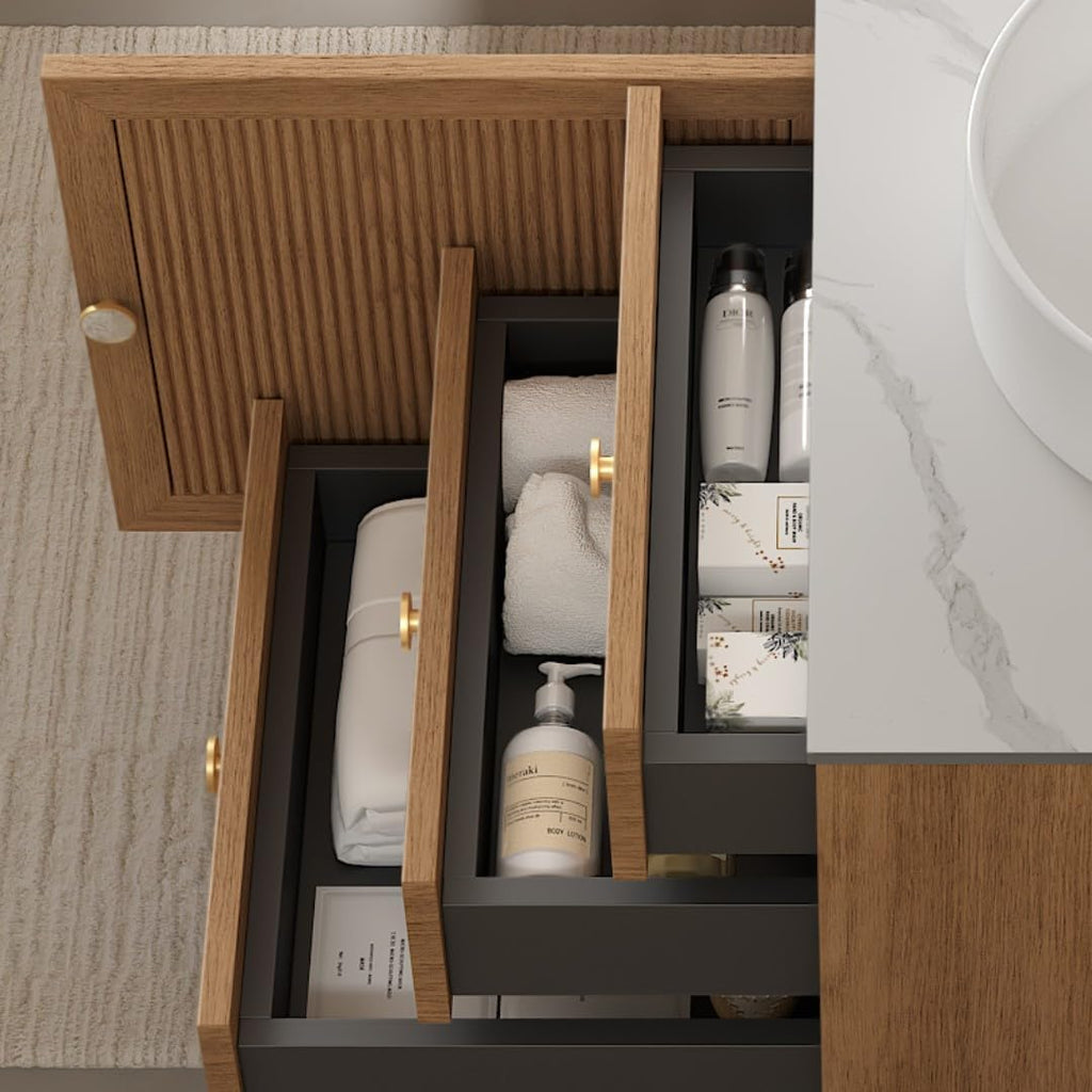 36' Bathroom Vanity with Sink, Plywood Storage Cabinet with 2 Drawers and Soft Close Door, 4 Metal Legs, Round White Ceramic Basin, Wooden Modern Bathroom Vanities, Pre-Assembled, Oak