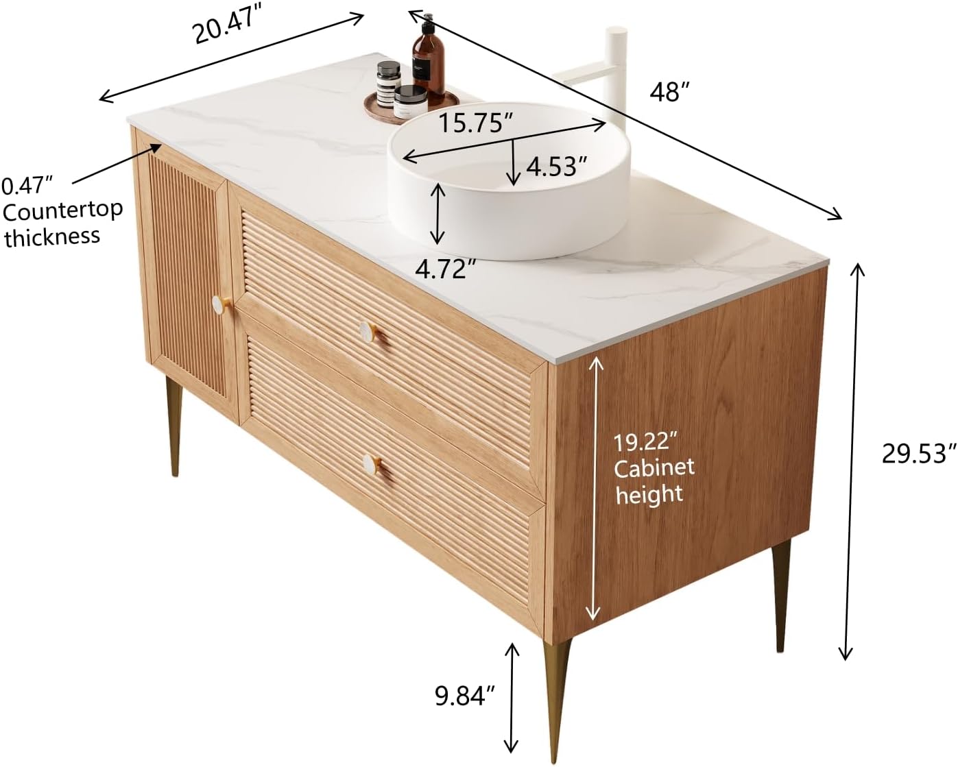 48' Bathroom Vanity with Ceramic Sink, Freestanding Plywood Storage Cabinet with 2 Drawers and Soft Close Doors, 4 Metal Legs, Modern Wooden Bathroom Vanities, Pre-Assembled, Oak