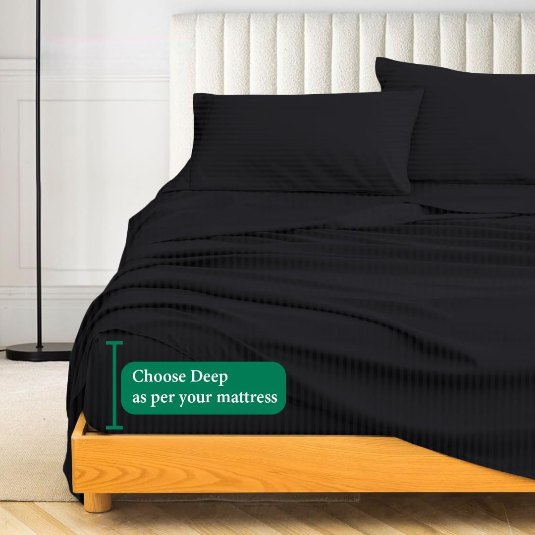 1000 Series - 100% Egyptian Cotton Sheet Set Soft & Comfy Breathable Hotel Quality Luxury Bedding -Queen Size Fits Mattress Up to 18-20' Deep (Stripe, Black)