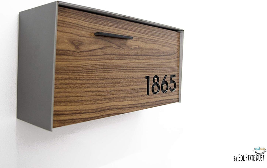 Wall Mounted Mailbox with Wood Walnut Aluminum (ACP) Face and Metalic Grey Aluminum Body and Black Acrylic Numbers - Modern Design - Custom Mailbox with House Numbers - Letterbox - Mailnest Type 3