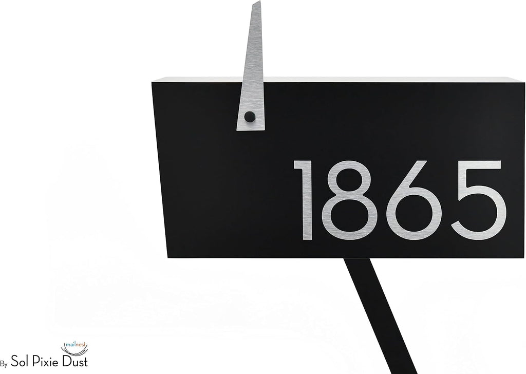 Contemporary Post-Mount Mailbox - Aluminum Black Body with Aluminum Door, Numbers and Flag - Large Customized Mailbox - Type 4 (Brush Silver)