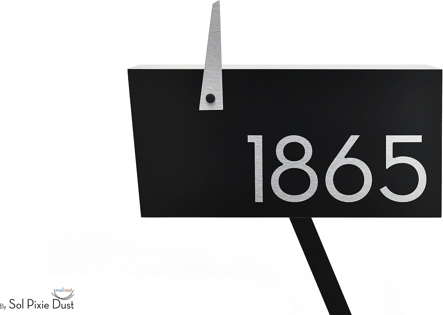 Contemporary Post-Mount Mailbox - Aluminum Black Body with Aluminum Door, Numbers and Flag - Large Customized Mailbox - Type 4 (Brush Silver)