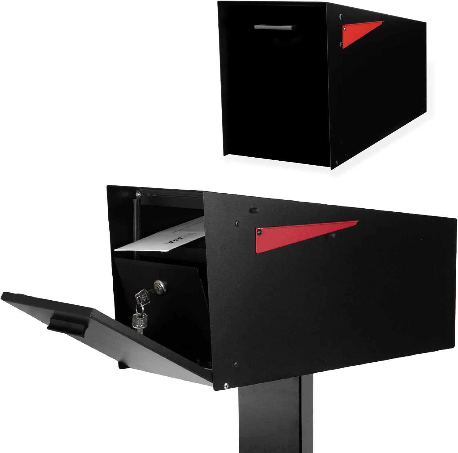 Ilyapa Locking Mailbox with Lock and Key Modern Mailboxes for Outside Post Mount - Black Powder Coated Steel, All Weather & Corrosion Resistant, Stainless Steel, Angled