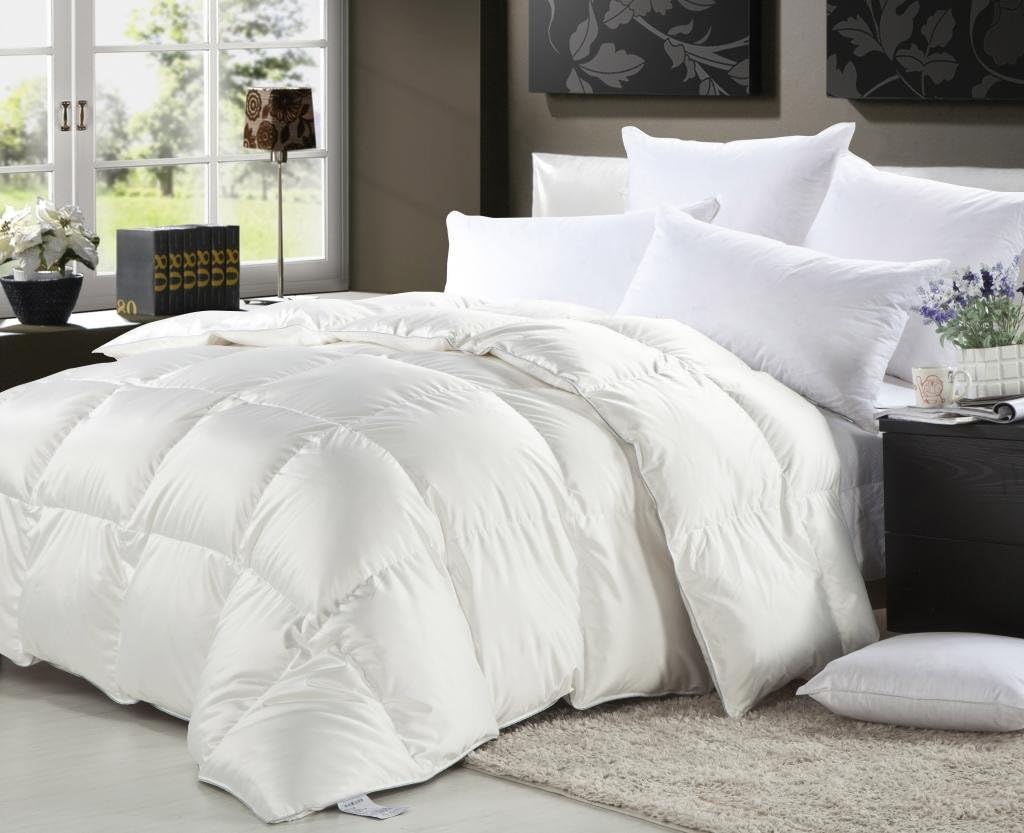 Queen Size Luxurious 1200 Thread Count Siberian Goose Down Comforter, 100% Egyptian Cotton Cover, Solid White Color, 750 Fill Power, 50 Oz Fill Weight