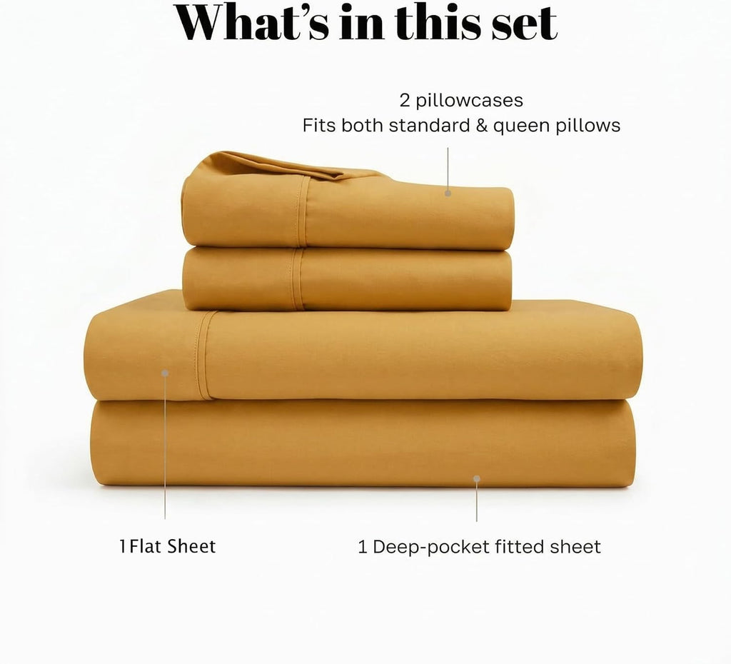 Superior Egyptian Cotton 530 Thread Count Bed Sheet Set, 1 Elastic Deep Pocket Fitted Sheet, 1 Flat Sheet, 2 Pillowcases, Soft Bedding, Luxury Sheets, Sateen Weave, Queen Size, Gold