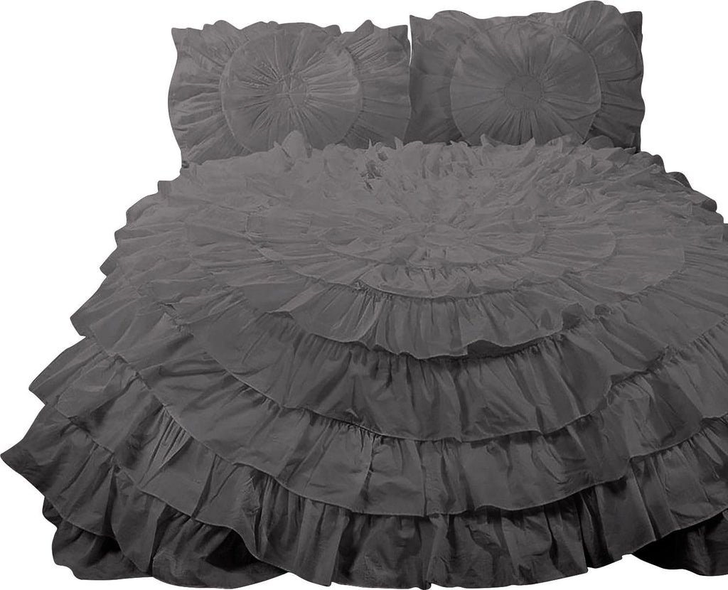 3 Piece 100% Egyptian Cotton Circle Ruffle Comforter Set, 550 GSM Filled Microfiber - Full/Queen Size, Dark Grey Color - 1000 Thread Count