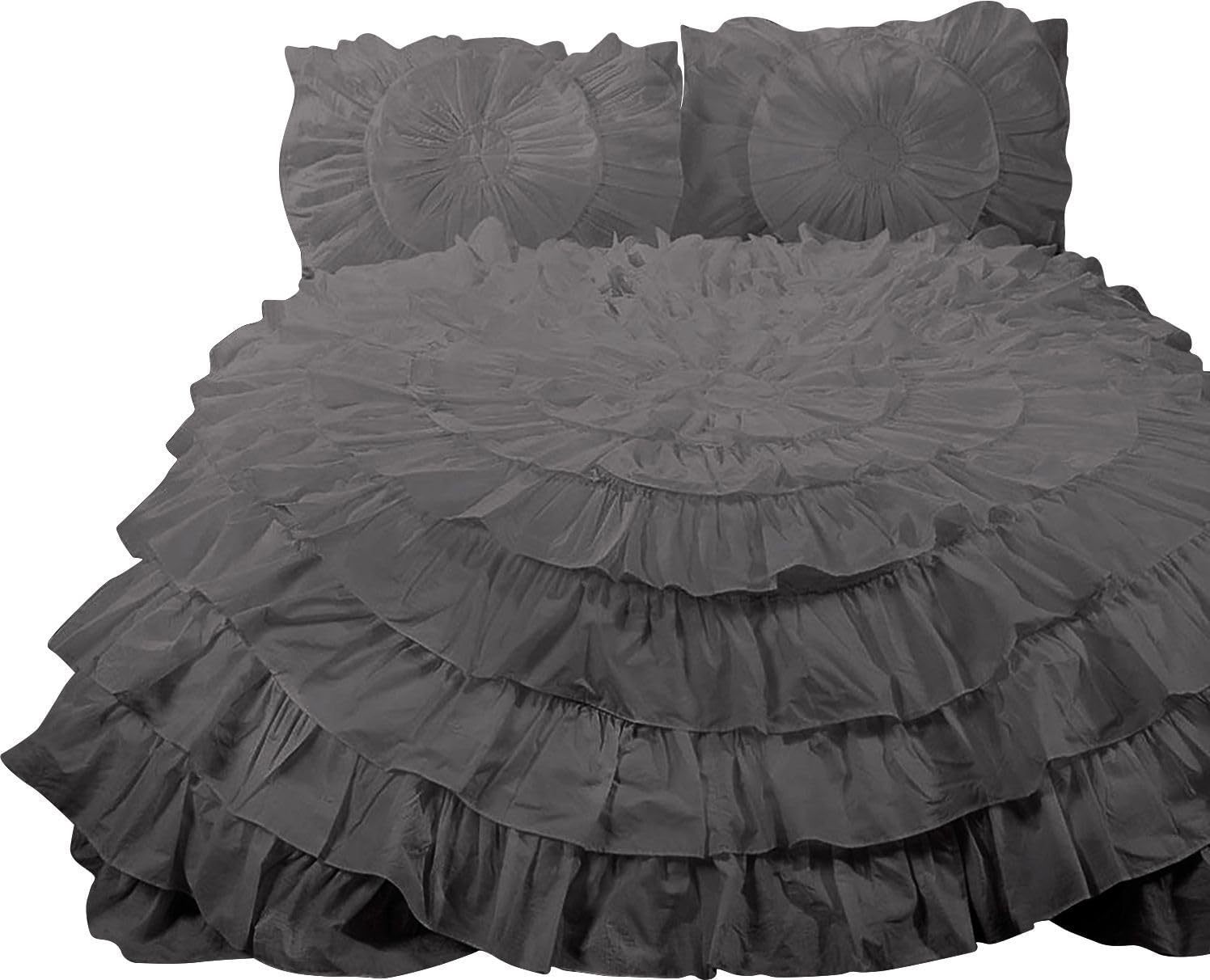 3 Piece 100% Egyptian Cotton Circle Ruffle Comforter Set, 550 GSM Filled Microfiber - Full/Queen Size, Dark Grey Color - 1000 Thread Count