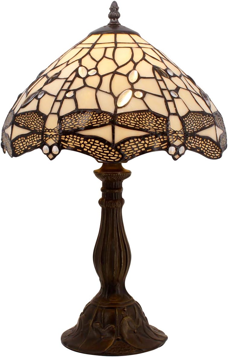 WERFACTORY Tiffany Lamp Cream Stained Glass Dragonfly Bedside Table Lamp Desk Reading Light 12X12X18 Inches Decor Bedroom Living Room Home Office S139 Series