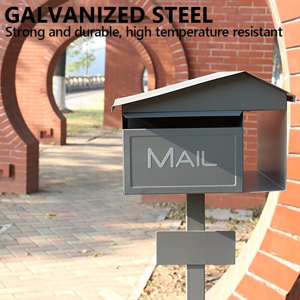 Medium Home Mailbox, Modern Post Mailbox Mount Combo Kit, Galvanized Steel, Minimalist Home Mail Organizer - with Newspaper Slot and Lock