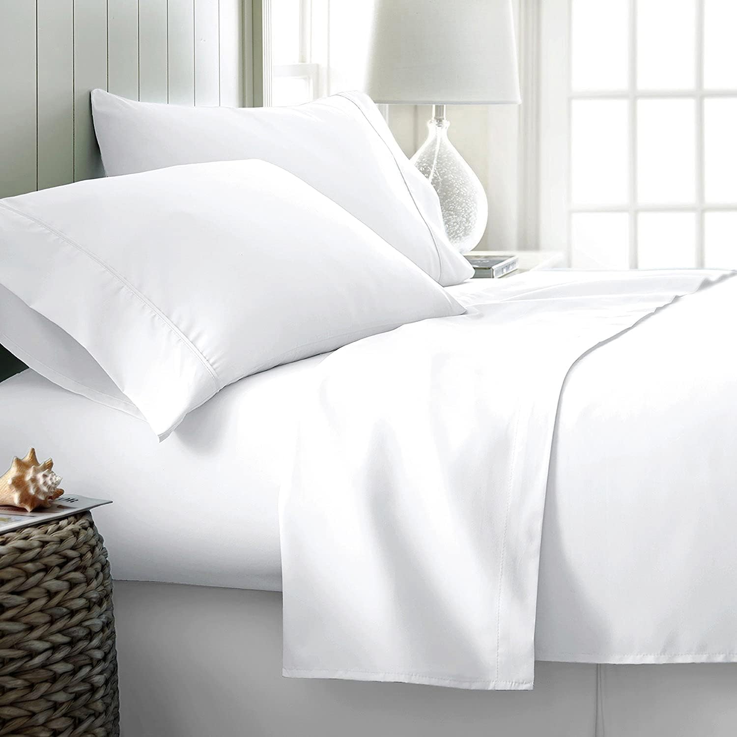 100% Egyptian Cotton Split King Sheets Sets for Adjustable Bed - Luxury 1000 Series Majestic Collection Top Split King Sheet Set (5 PC, White), 17' Deep Pocket, Cooling, Sateen Bedding