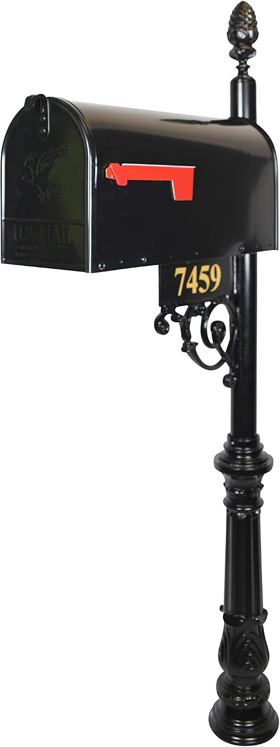 The Essex Large Black Mailbox with Address Plaque, Flag, and Numbers Included. Complete Luxury Mailbox and Post Combo Kit with Beautiful, Unique, Classic, Traditional, Decorative Features