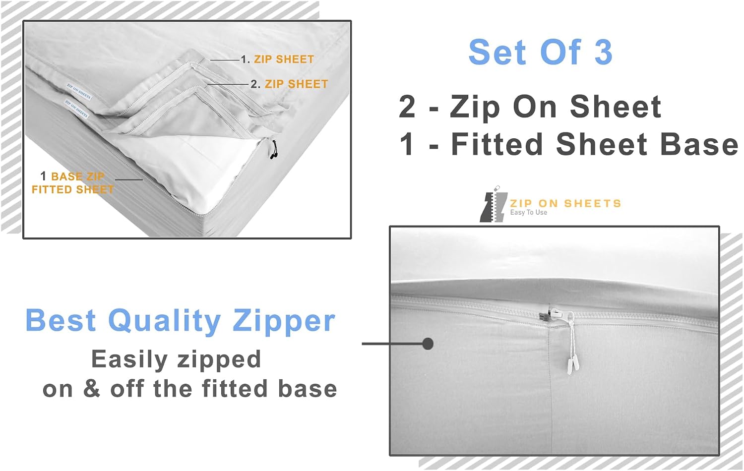 Zip On Sheets™ Zipper Fitted Sheet Queen Size - Upto 16' Inch Deep Pockets - Includes 1 Fitted Sheet Base & 2 Zip-On Sheets - Easy to Use, Sateen Cotton 500 TC Fitted Sheet - Blush