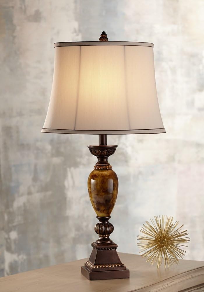 kathy ireland Mulholland Traditional Table Lamp 30' Tall Brown Gold Faux Marble Aged Bronze Off-White Fabric Oval Shade Decor for Bedroom Living Bedside Nightstand Home Office Kids Room
