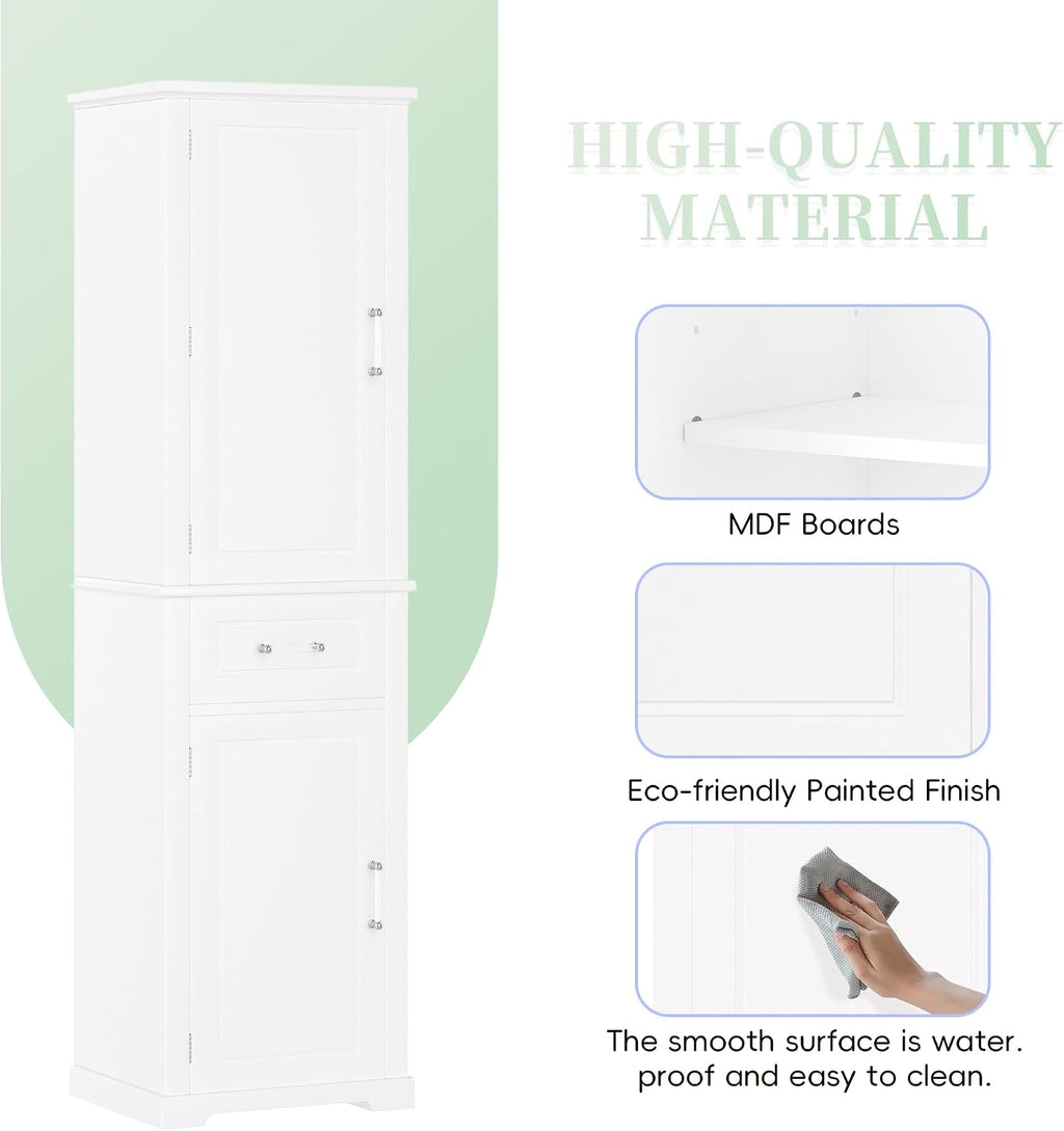Tall Bathroom Storage Cabinet, Freestanding Bathroom Accent Storage Cabinet with Doors & Adjustable Shelves & Built-in Door Shelve for Home Kitchen, Living Room (White Style3)
