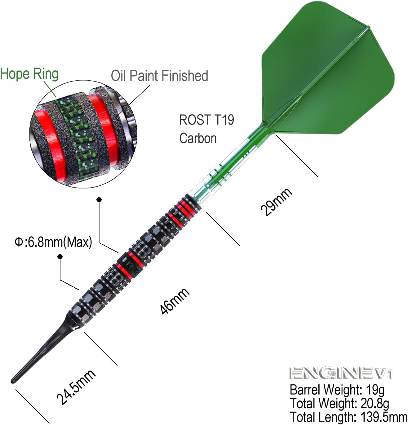 CUESOUL Engine 18/19/20/21g Soft Tip 90% Tungsten Dart Set with Oil Paint Finished and Unifying ROST T19 Carbon Flight