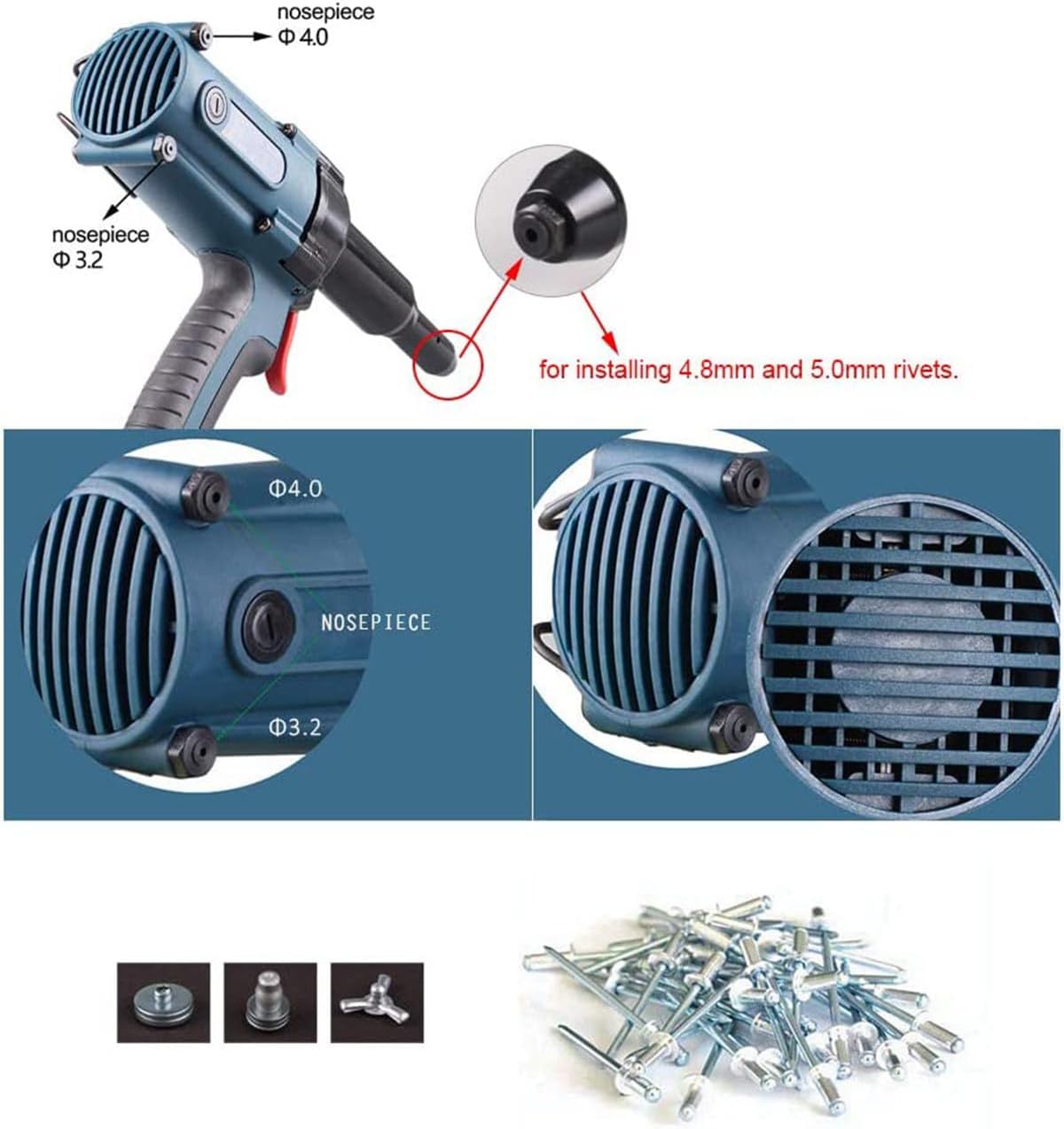 Electric Rivet Gun,400W Heavy Duty Electrical Riveter Blind Rivet Gun Industrial and Long Mouth Power Riveting Tool for 3.2-5.0Mm Blind Rivets