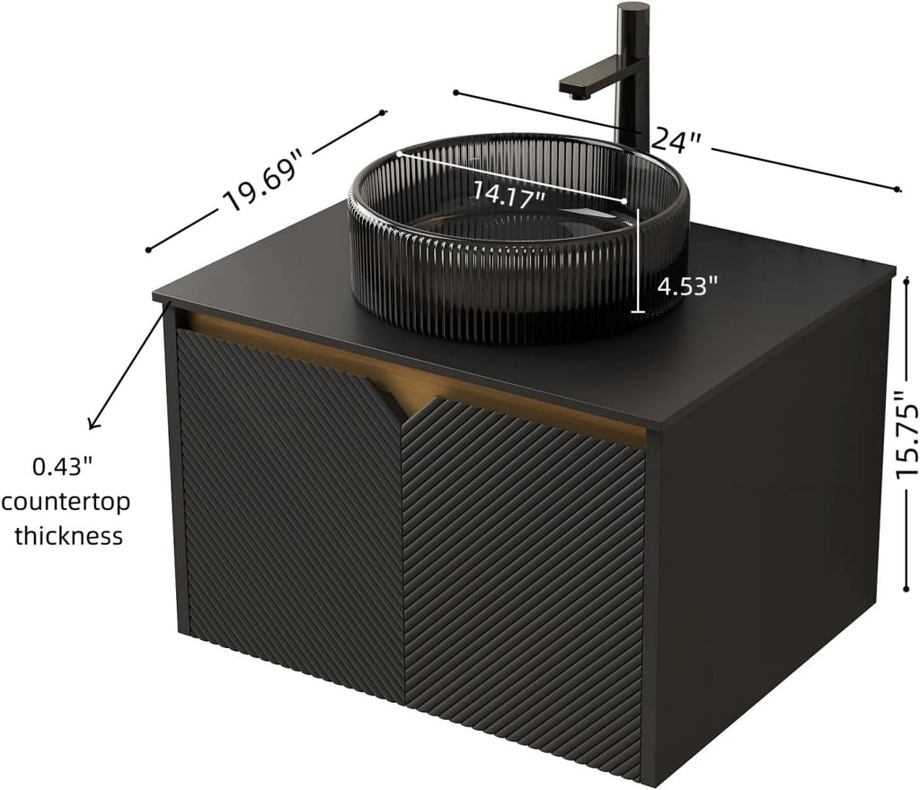 24 Inch Bathroom Vanity with Sink, Floating Fluted Vanity with Vessel Sink, Small Wall Mounted Bathroom Vanity Cabinet with 2 Doors, Glass Sink & Sintered Stone Top, Black