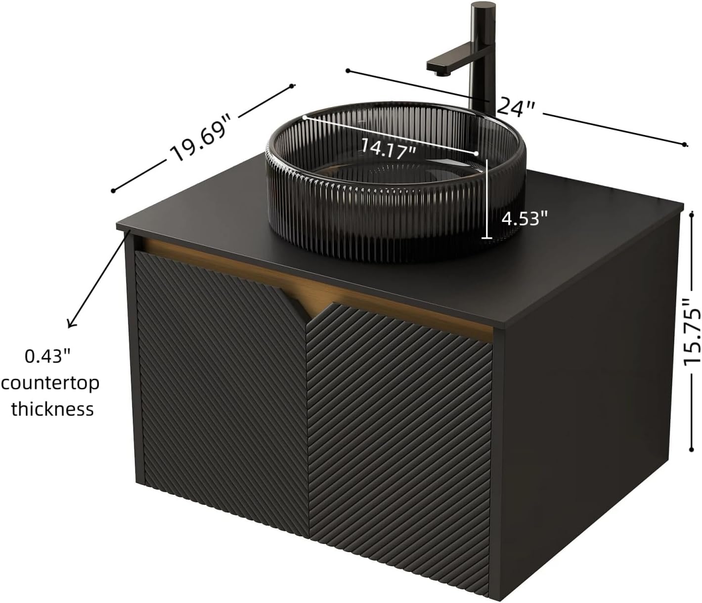 24 Inch Bathroom Vanity with Sink, Floating Fluted Vanity with Vessel Sink, Small Wall Mounted Bathroom Vanity Cabinet with 2 Doors, Glass Sink & Sintered Stone Top, Black