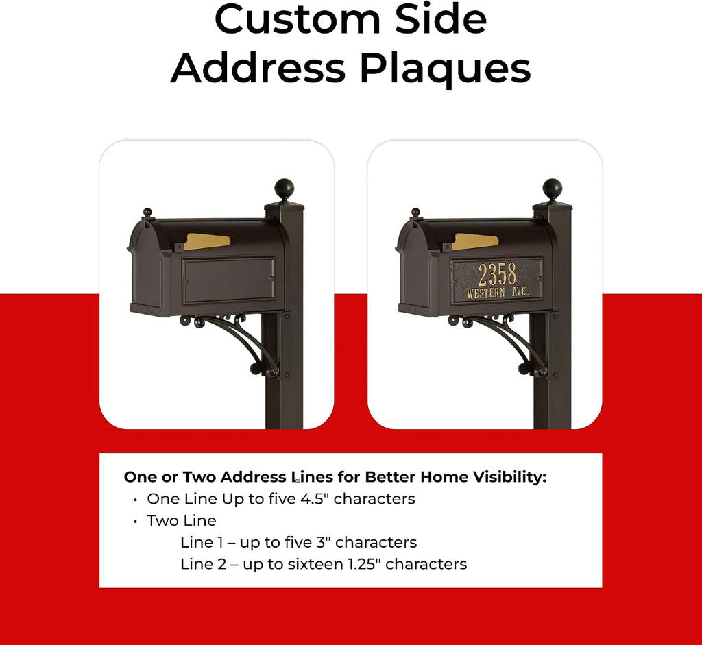 Deluxe Streetside Mailbox & Post in Bronze Personalized Side Plaques Oversized Mailbox for Home Exterior Durable Powder-Coated Cast Aluminum