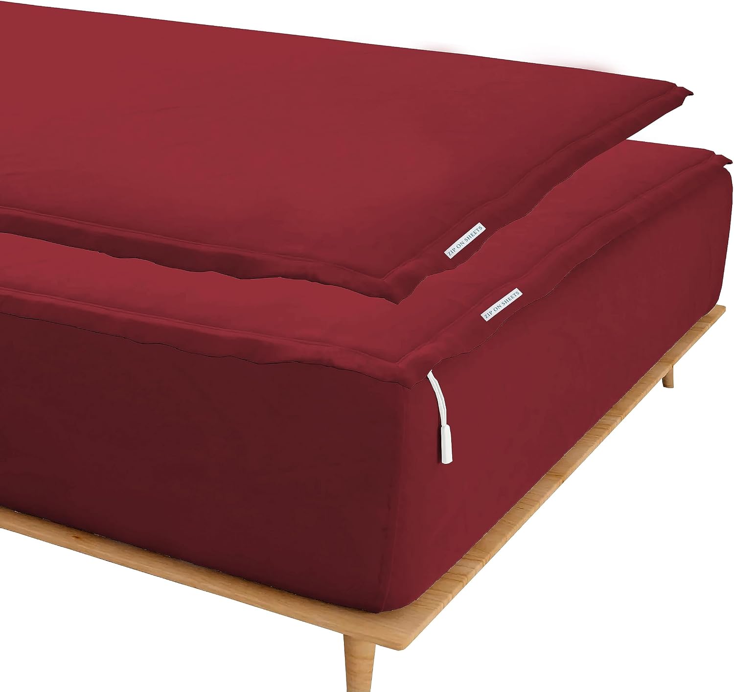 Zip On Sheets™ Zipper Fitted Sheet Queen Size - Upto 16' Inch Deep Pockets - Includes 1 Fitted Sheet Base & 2 Zip-On Sheets - Easy to Use, Sateen Cotton 500 TC Fitted Sheet - Burgundy