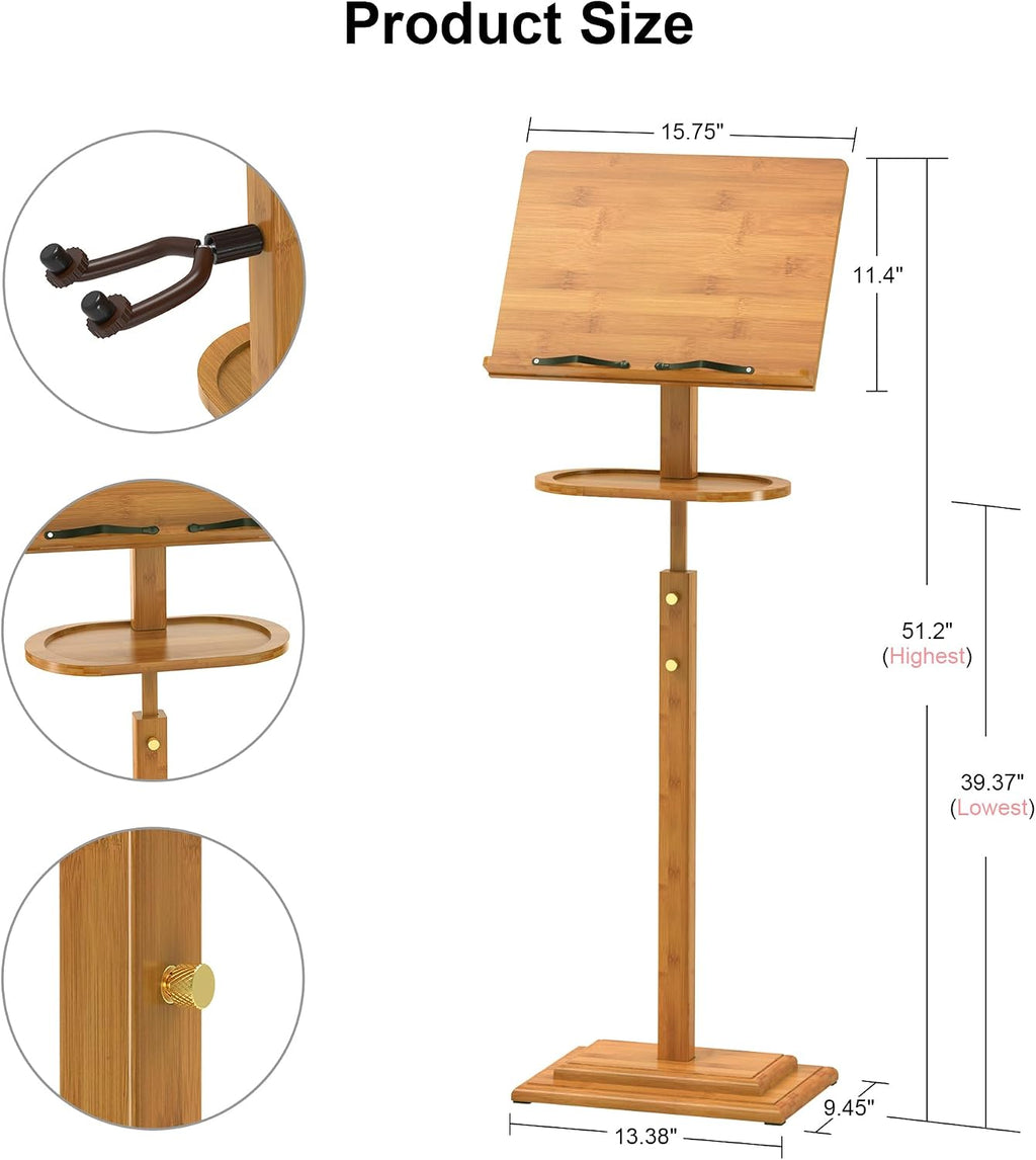 Music Stand for Sheet Music - Bamboo Folding Sheet Music Stands With Tray Guitar Clip, Wooden Sheet Music Organizer Height Adjustable 39.37''-51.2'' for Conductor Lectern Violin Piano Ukulele Players (Natural, Tray + Guitar Clip)