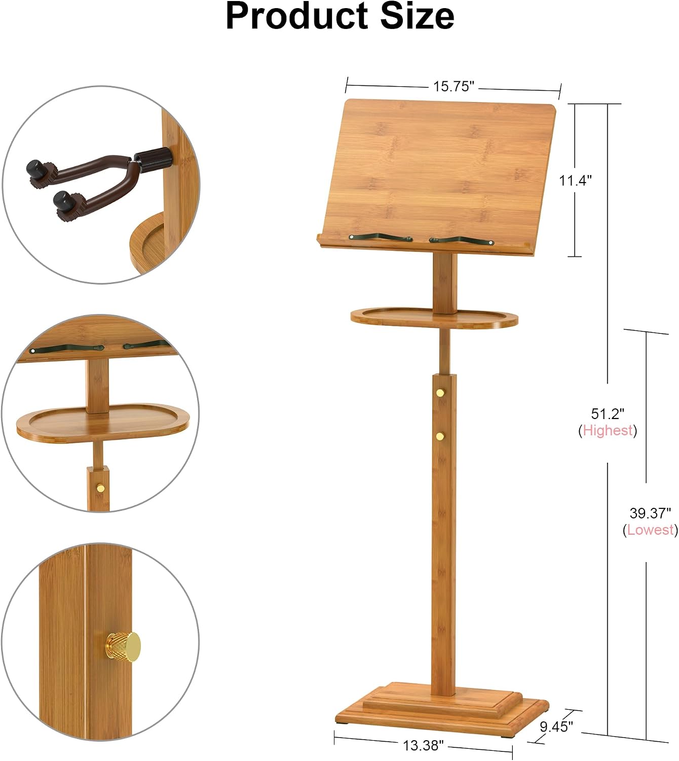 Music Stand for Sheet Music - Bamboo Folding Sheet Music Stands With Tray Guitar Clip, Wooden Sheet Music Organizer Height Adjustable 39.37''-51.2'' for Conductor Lectern Violin Piano Ukulele Players (Natural, Tray + Guitar Clip)