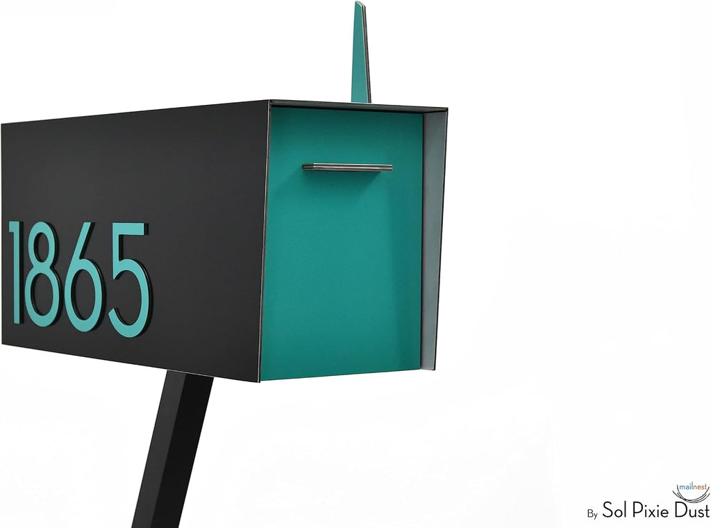 Contemporary Post-Mount Mailbox - Aluminum Black Body with Aluminum Door, Numbers and Flag - Large Customized Mailbox - Type 4 (Ocean Green)