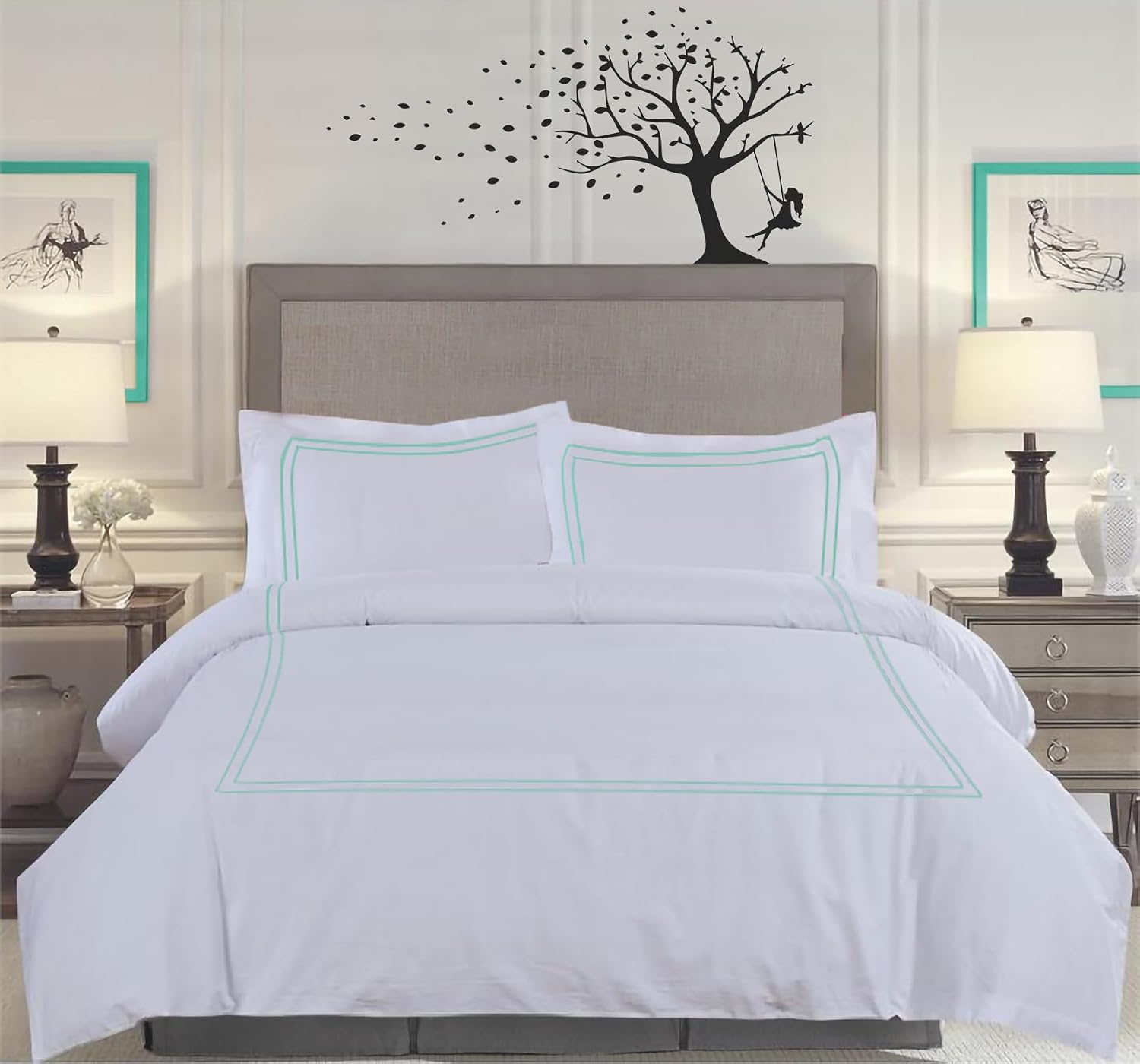 BedDecor Luxury 400-TC Egyptian Cotton 5PC Embroidered Duvet Cover Set with Beautiful 2-Stripe Embroidery(Aqua Blue, Full/Queen)