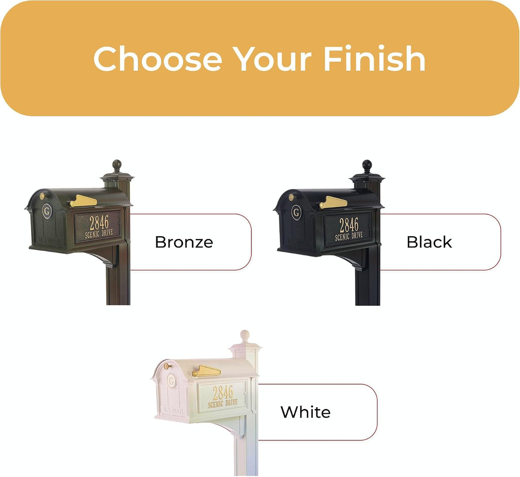 Whitehall Balmoral Monogram Mailbox with Post White Oversized Cast Aluminum Mailbox Package with Personalized Side Plaques, Monogram Door & Weather-Resistant Deluxe Post