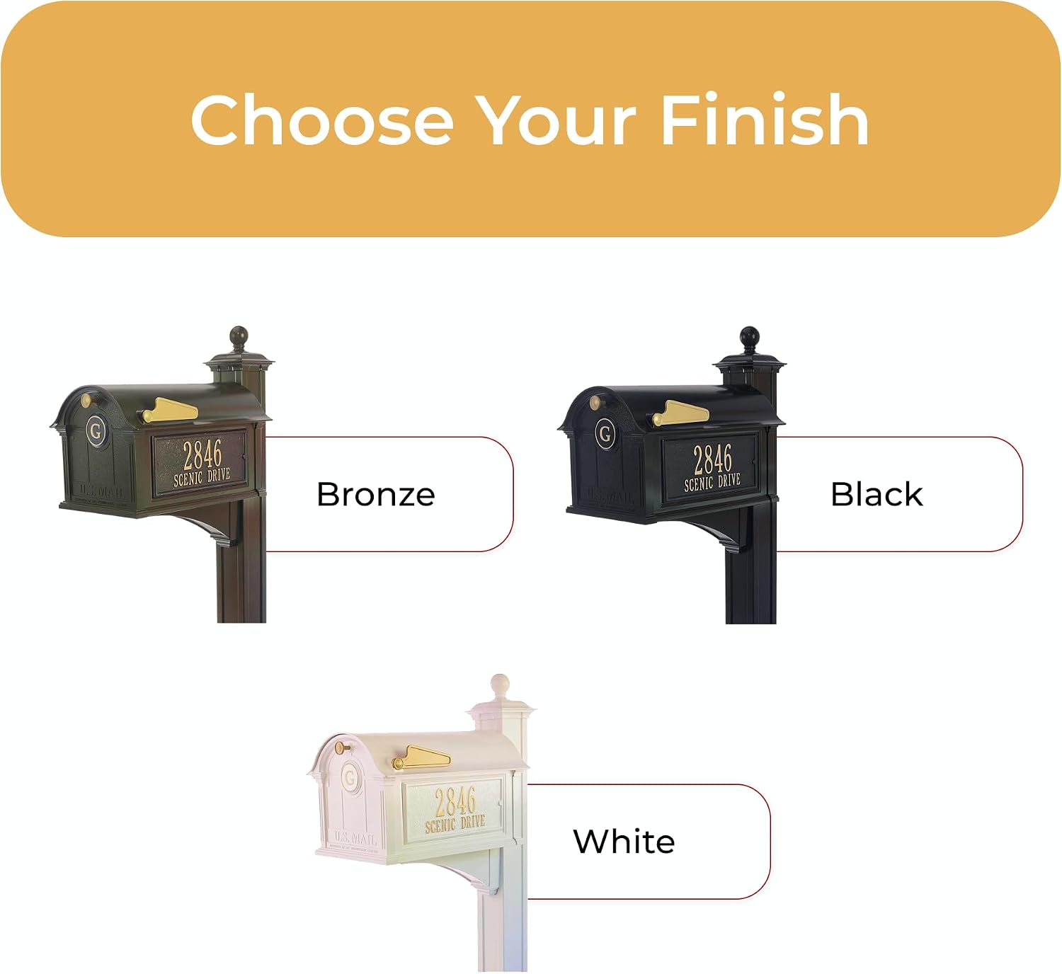 Whitehall Balmoral Monogram Mailbox with Post White Oversized Cast Aluminum Mailbox Package with Personalized Side Plaques, Monogram Door & Weather-Resistant Deluxe Post