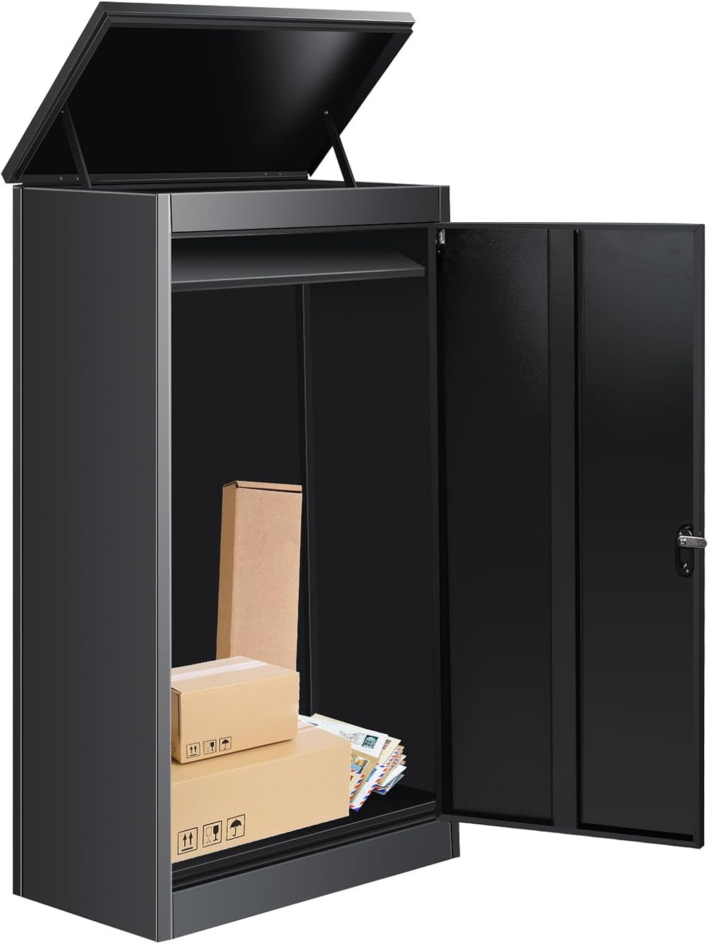 41.3' Package Delivery Box for Outside - Lockable Black Metal Parcel Drop Box, Anti-Theft, IPX4 Waterproof, Weather-Resistant Mailbox for Porch, Fence, Curbside (L)