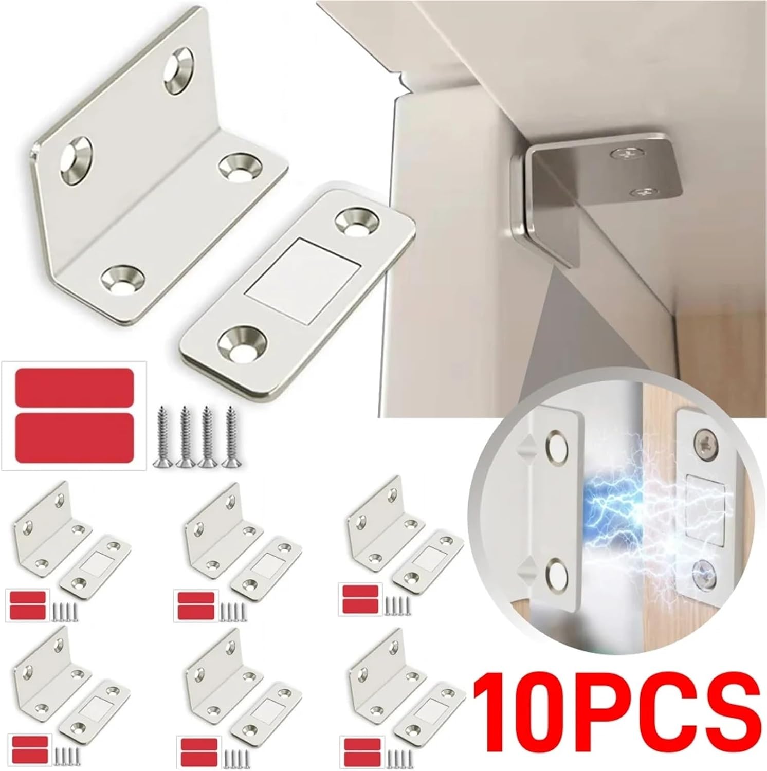 10-1PCS L-Shaped Magnetic Door Closer Self-Adhesive Invisible Cabinet Door Suction Wardrobe Magnetic Strip Patch Stopper(Silvery 10pcs)