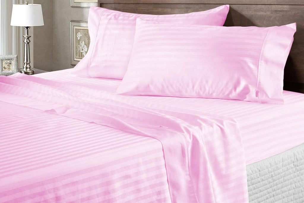AMAY Luxury Soft 100% Egyptian Cotton 6pc Sheet Set Sateen Weave 800 TC Queen Size for Bed, Fits Mattress Upto 16-18'' Deep Pocket, Baby Pink Stripe