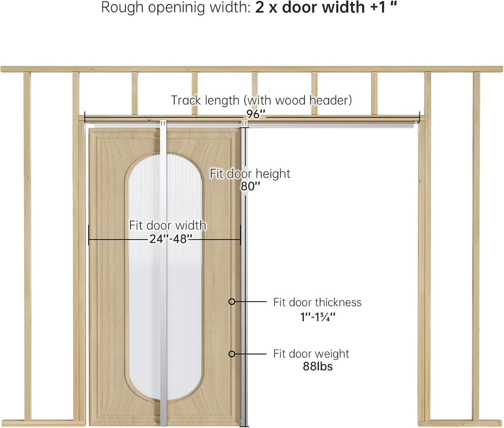 EaseLife 48x80in Pocket Door Frame Kit with Two-Way Soft Close Mechanism for 2X4 Studs Wall,Sliding Hardware for 24'-48' Wide Door,Aluminum,Slide Smoothly Quietly,Easy Install,No Door (48in x 80in)